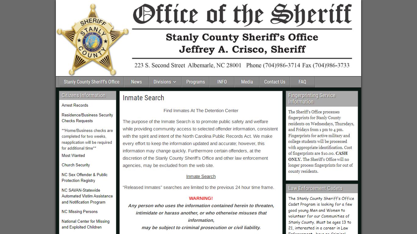 Inmate Search – Stanly County Sheriff's Office