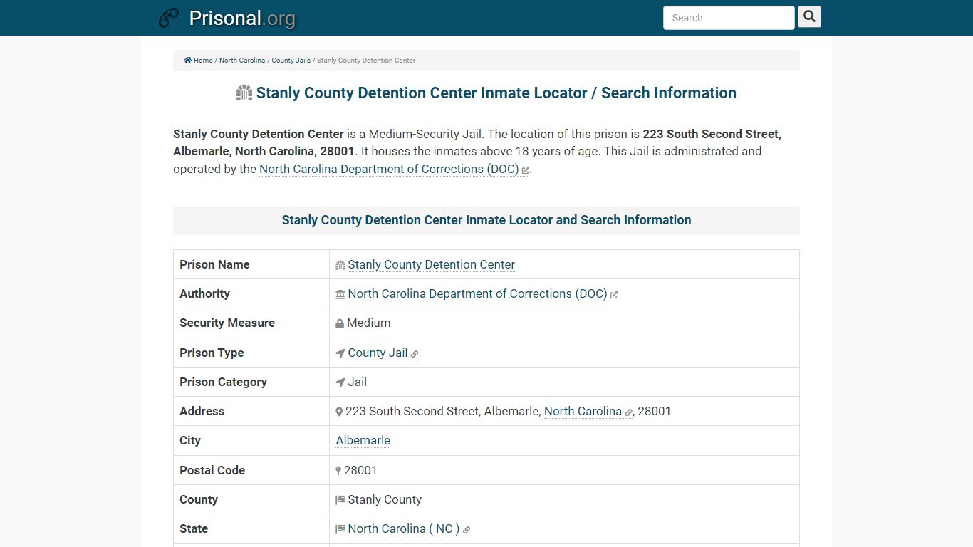Stanly County Detention Center-Inmate Locator/Search Info ...