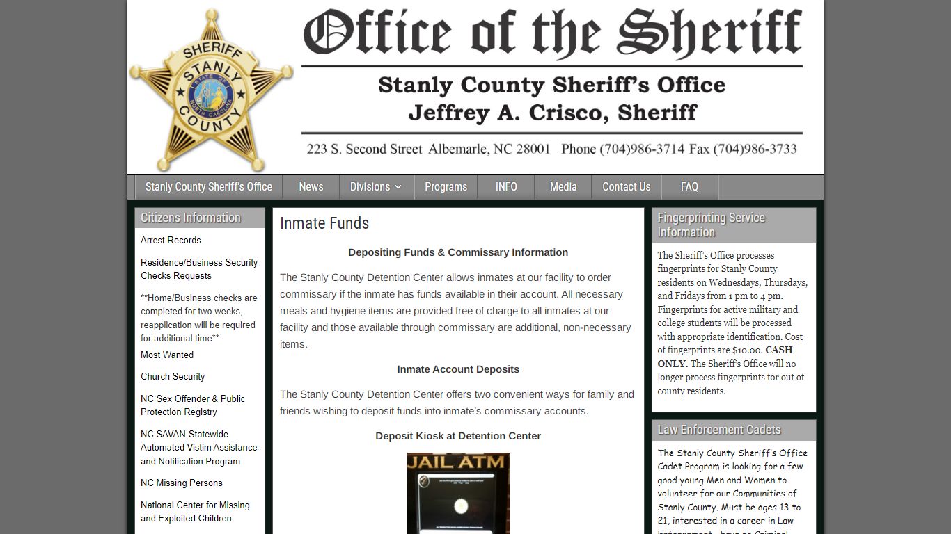 Inmate Funds – Stanly County Sheriff's Office